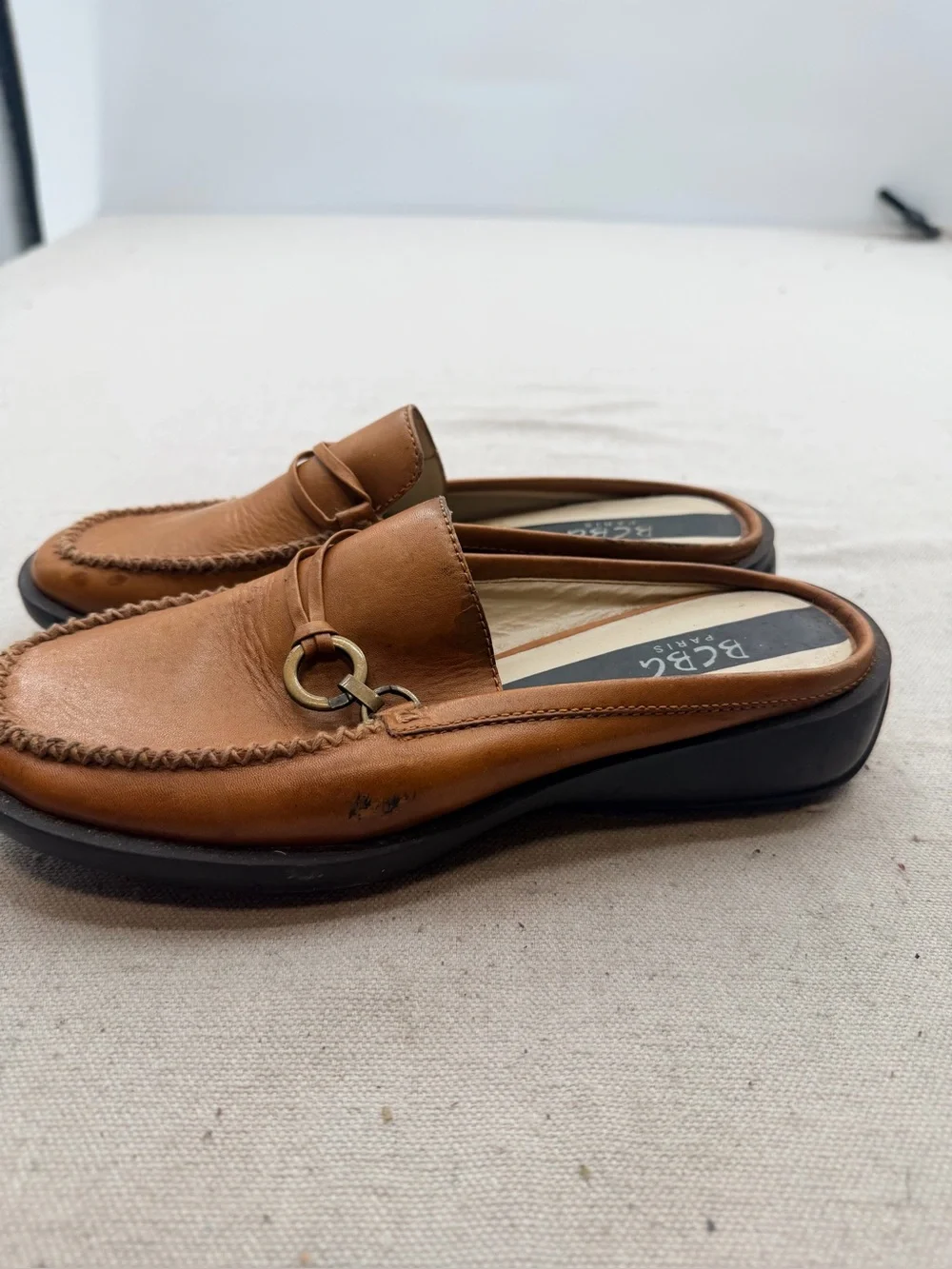 BCBG Paris Brown Leather Slip-On Loafers with Metal Bit